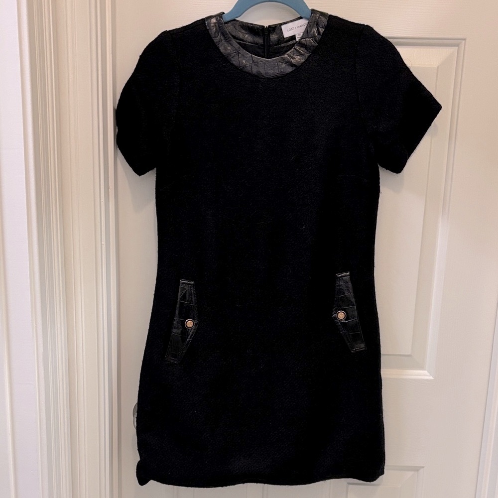 Black Short Sleeve Dress with Leather-like  Accents
